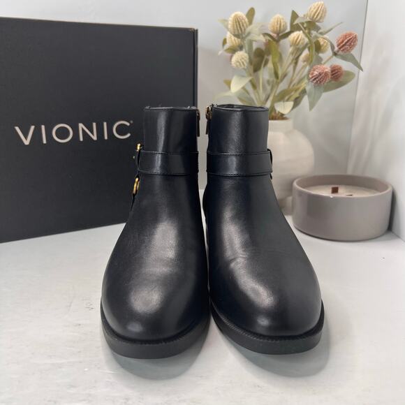 Vionic Sibley Leather Comfort Block Heel Ankle Boot Black Women's 8 NWB - Picture 2 of 11